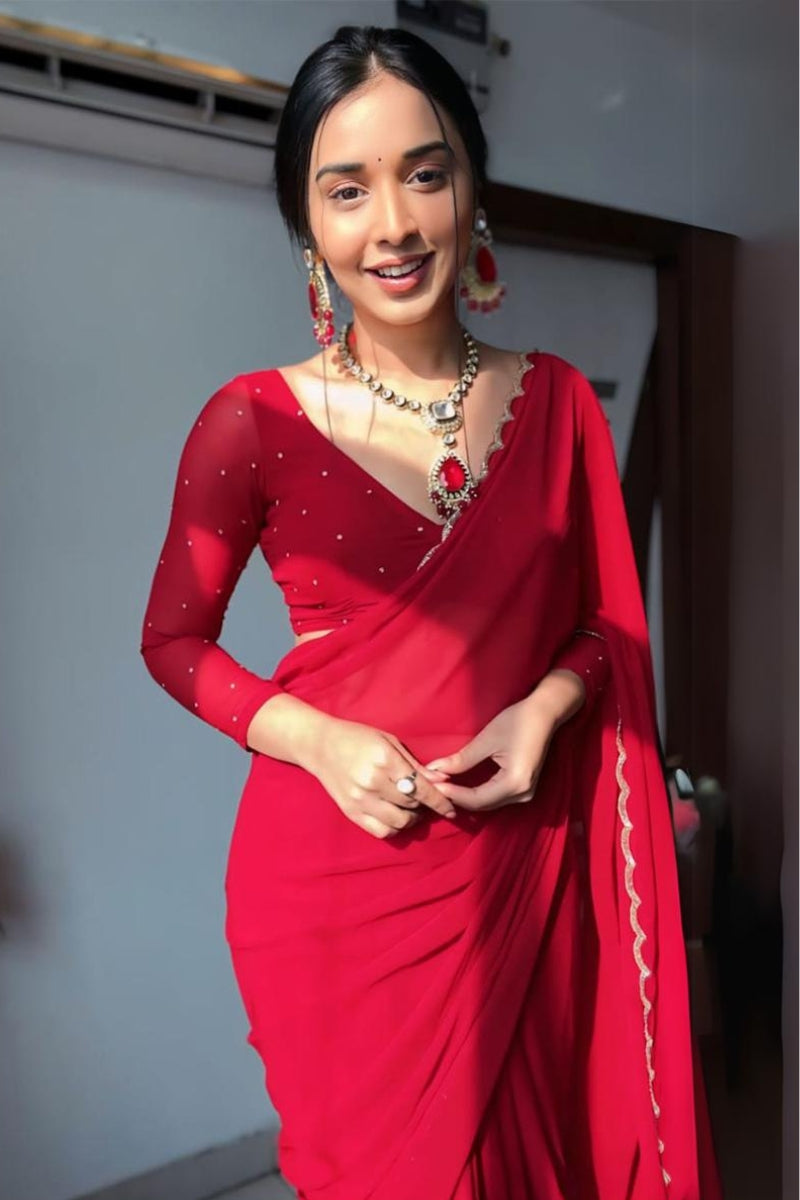 Adorable 1-Minute Ready To Wear Red Georgette Saree