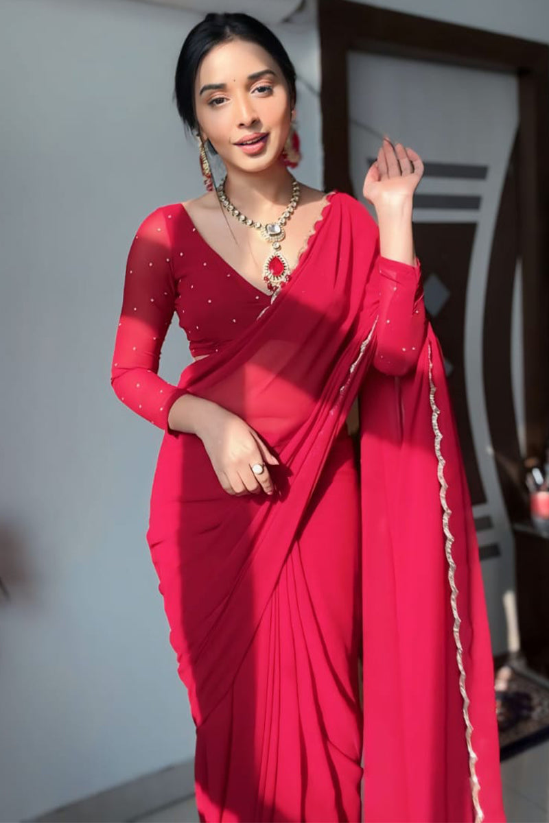 Adorable 1-Minute Ready To Wear Red Georgette Saree