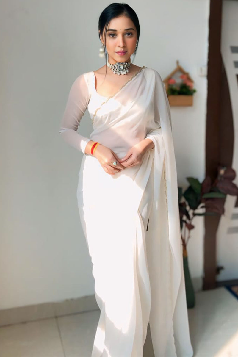 Admirable 1-Minute Ready To Wear White Georgette Saree