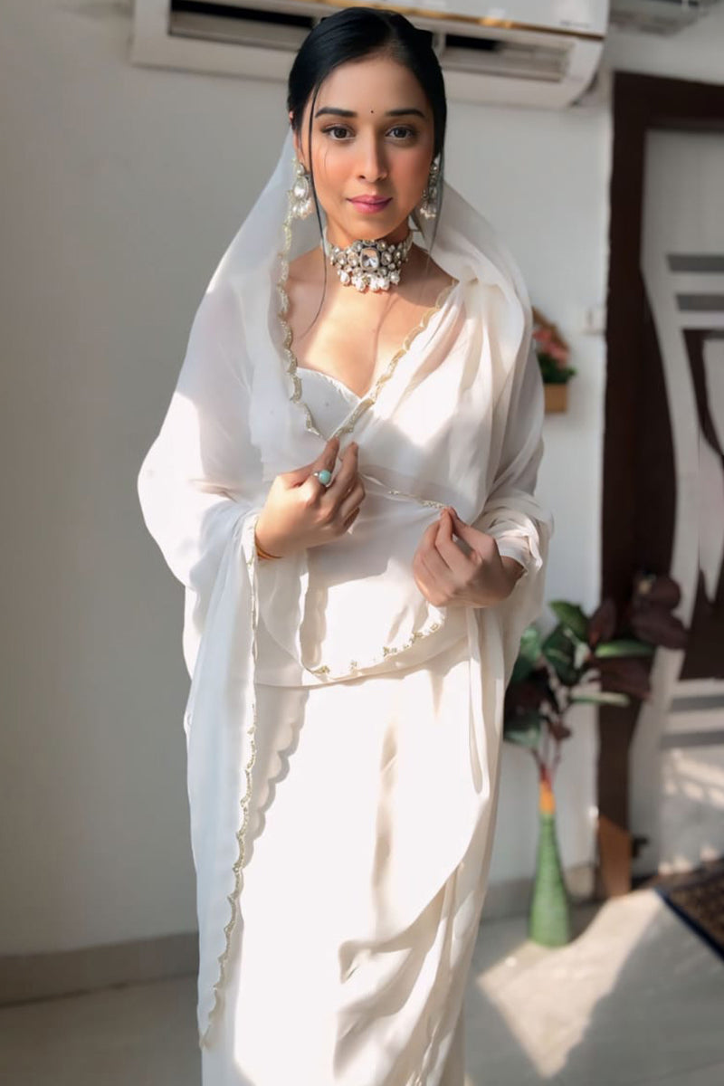 Admirable 1-Minute Ready To Wear White Georgette Saree