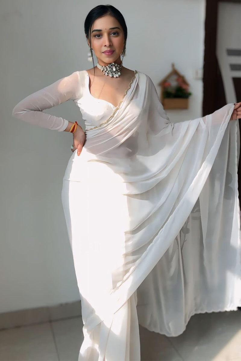 Admirable 1-Minute Ready To Wear White Georgette Saree