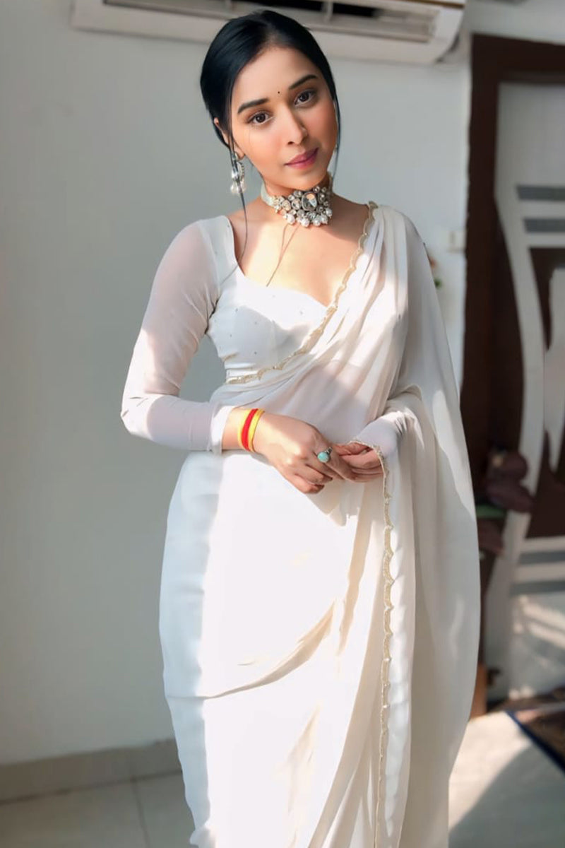 Admirable 1-Minute Ready To Wear White Georgette Saree