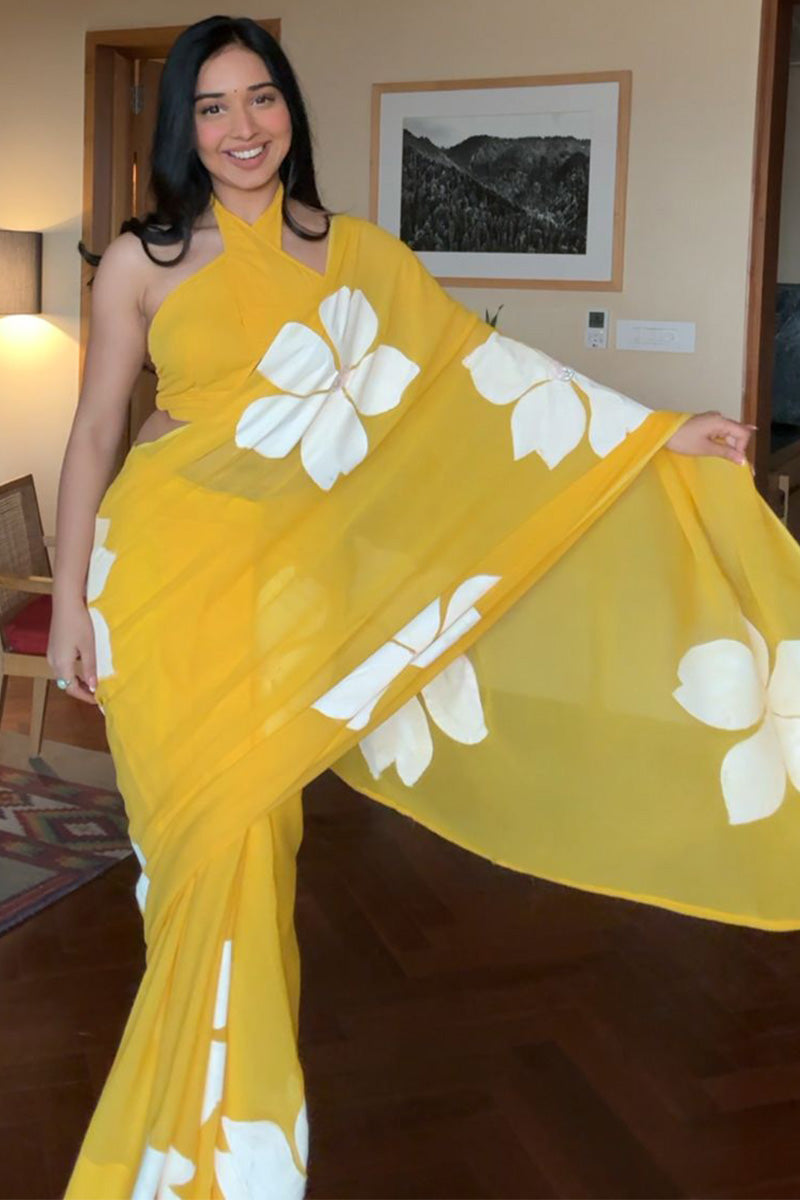 Sensational 1-Minute Ready To Wear Yellow Georgette Saree