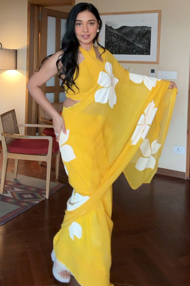 Sensational 1-Minute Ready To Wear Yellow Georgette Saree
