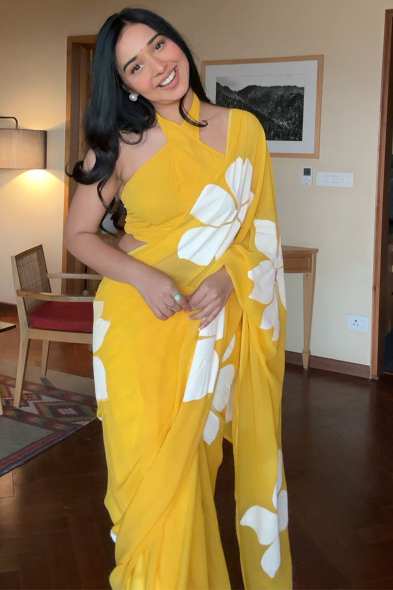 Sensational 1-Minute Ready To Wear Yellow Georgette Saree