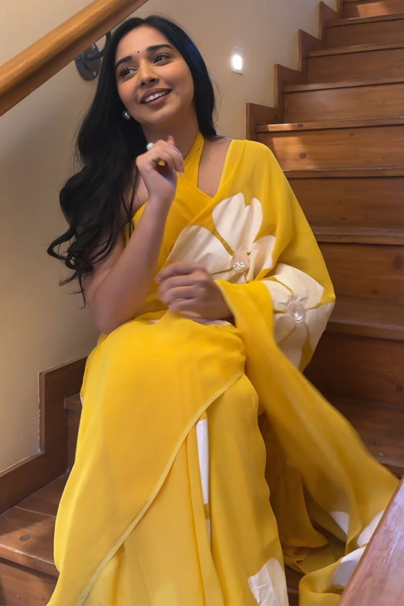 Sensational 1-Minute Ready To Wear Yellow Georgette Saree