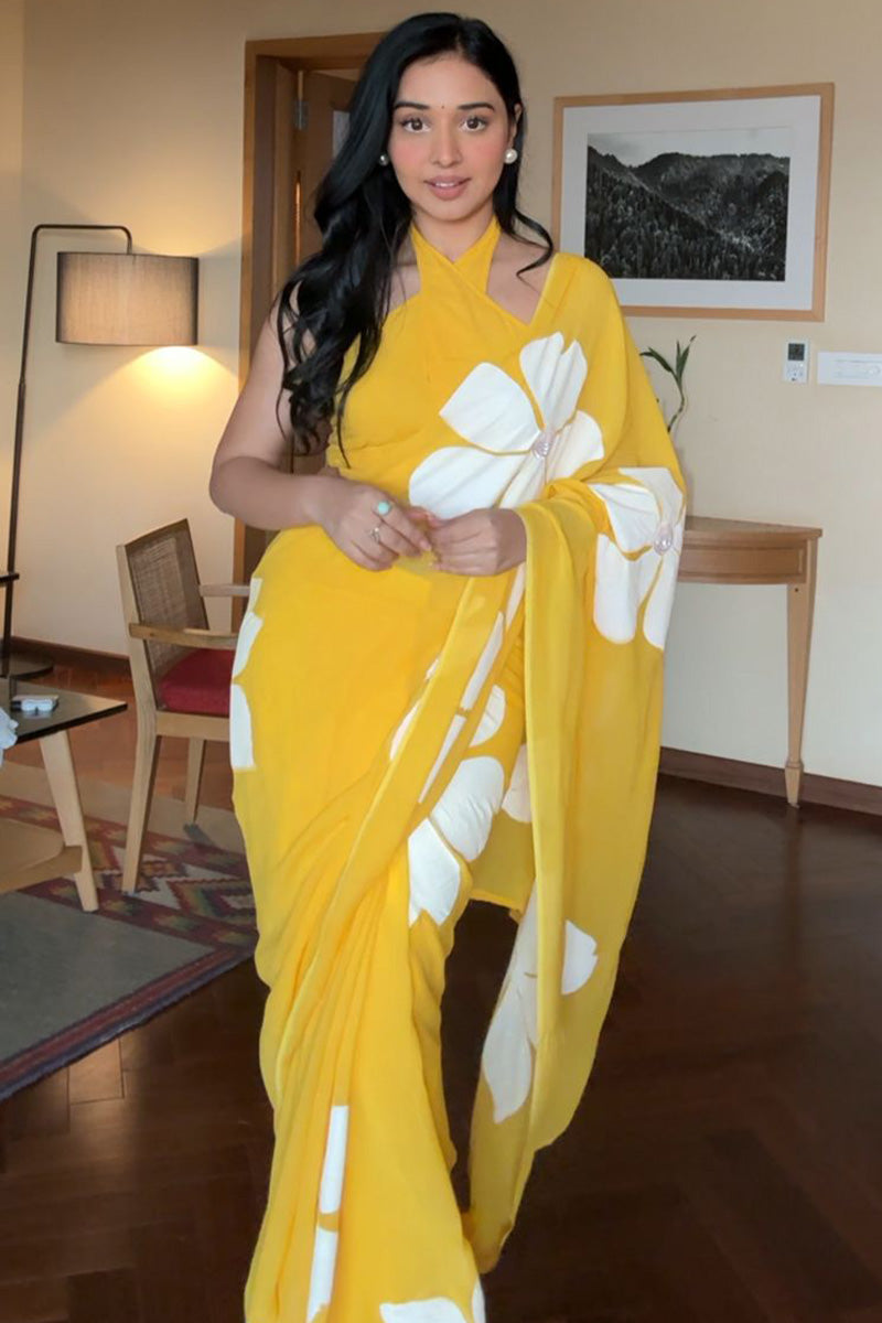 Sensational 1-Minute Ready To Wear Yellow Georgette Saree