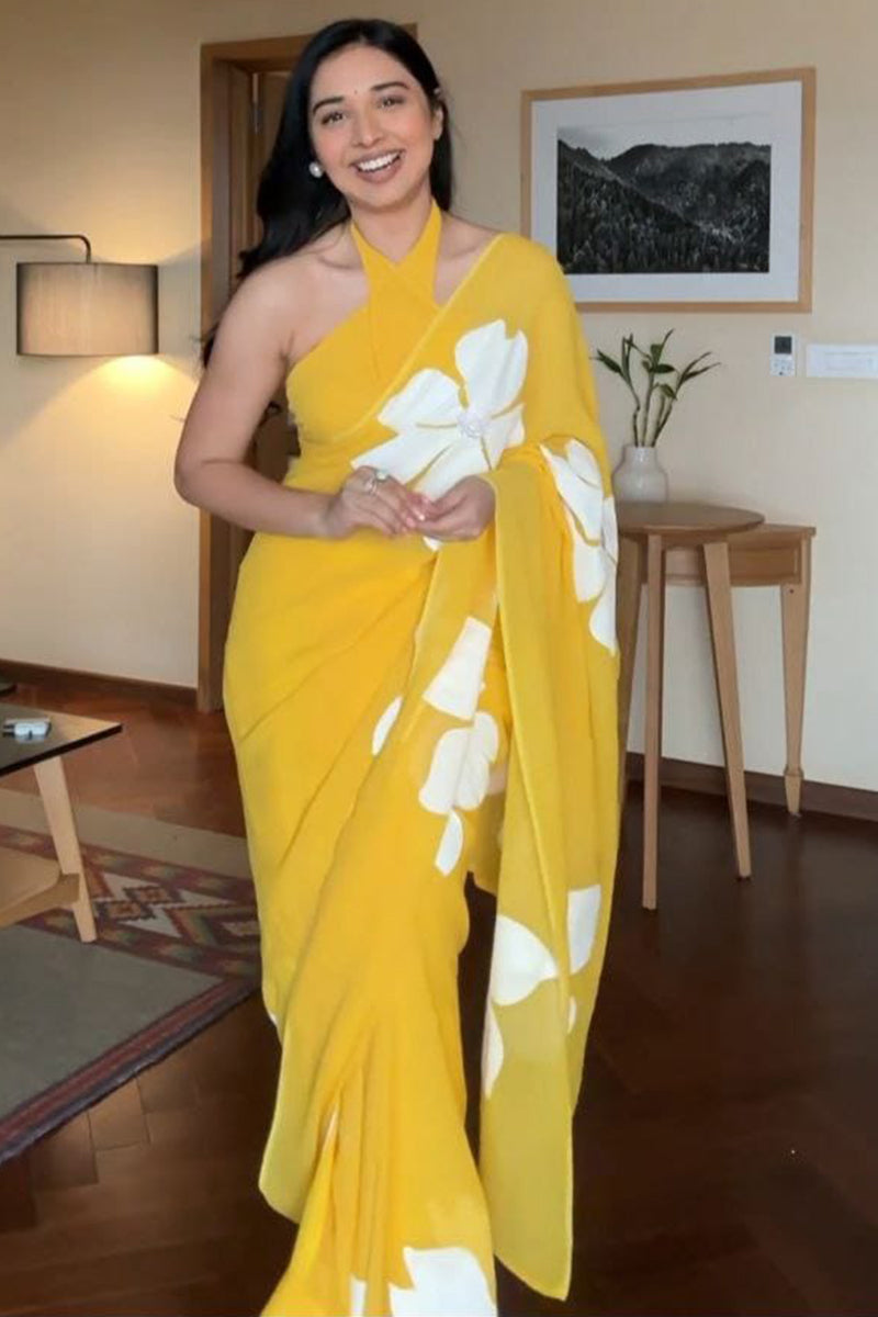 Sensational 1-Minute Ready To Wear Yellow Georgette Saree