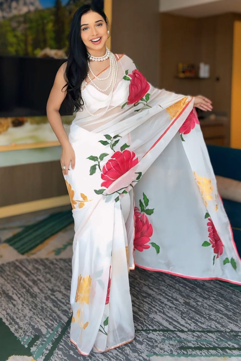 Lagniappe 1-Minute Ready To Wear White Georgette Saree