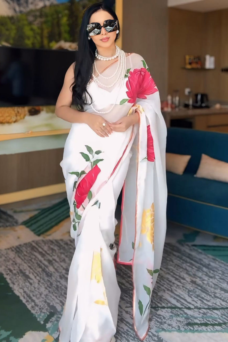 Lagniappe 1-Minute Ready To Wear White Georgette Saree