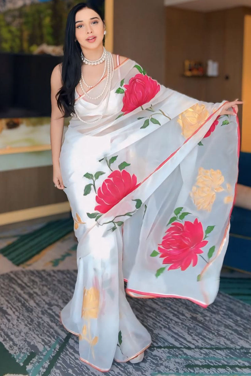 Lagniappe 1-Minute Ready To Wear White Georgette Saree