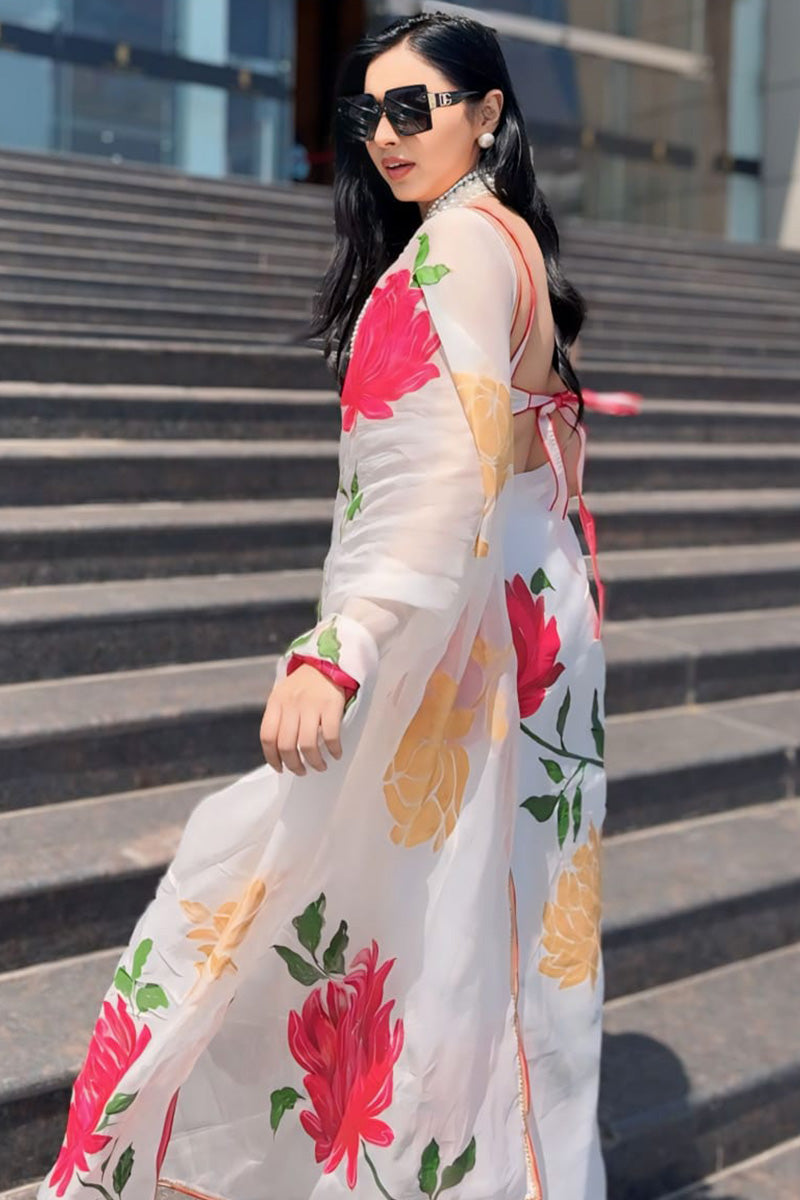 Lagniappe 1-Minute Ready To Wear White Georgette Saree