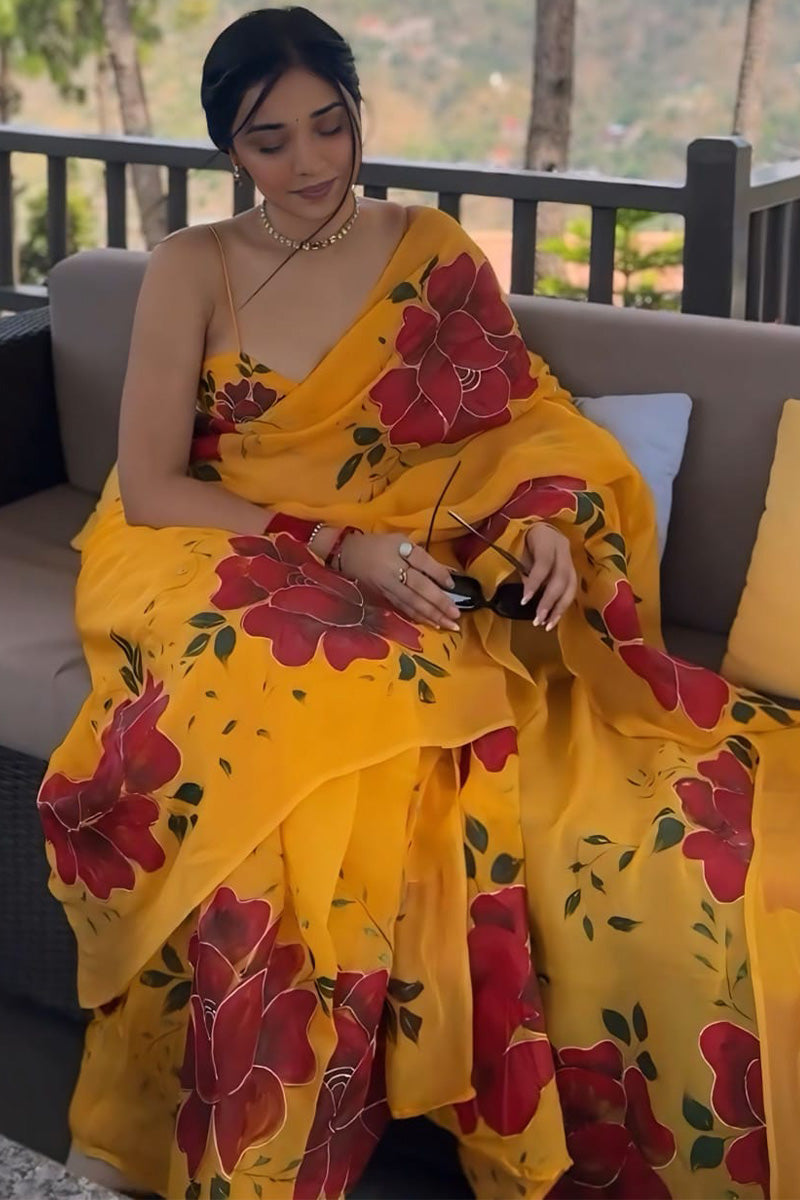 Exquisite 1-Minute Ready To Wear Yellow Georgette Saree