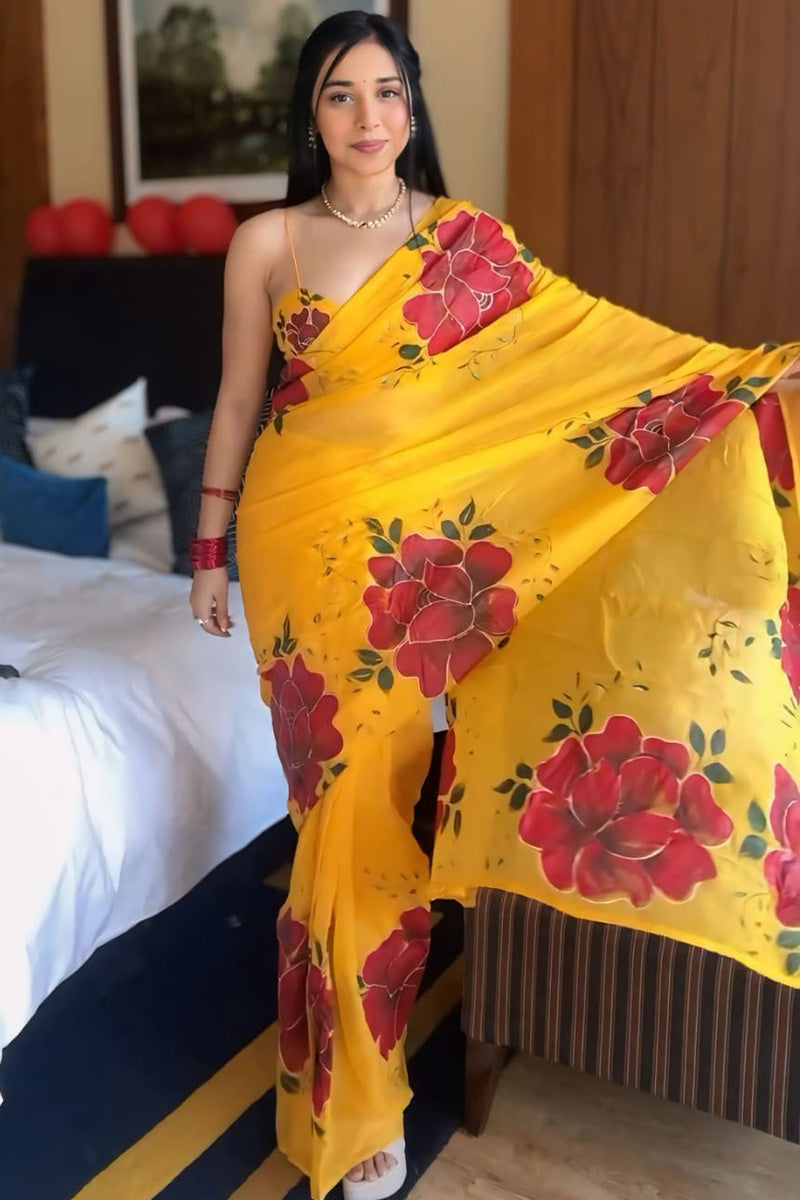 Exquisite 1-Minute Ready To Wear Yellow Georgette Saree