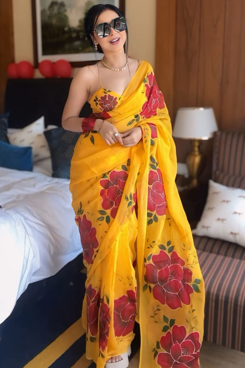 Exquisite 1-Minute Ready To Wear Yellow Georgette Saree