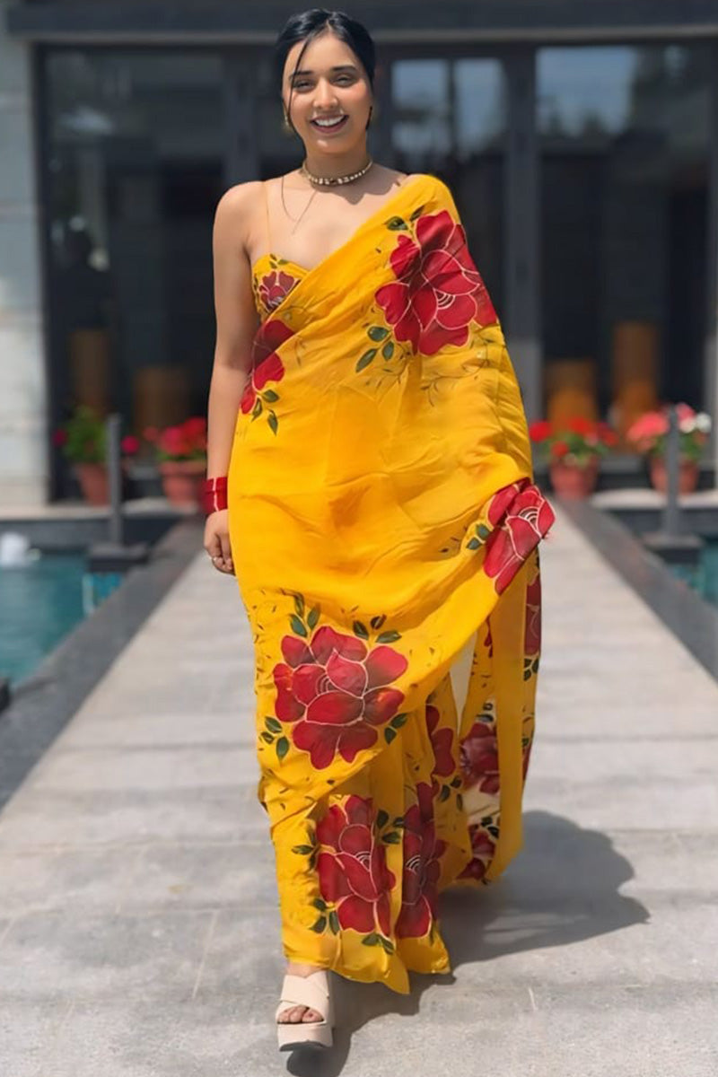 Exquisite 1-Minute Ready To Wear Yellow Georgette Saree