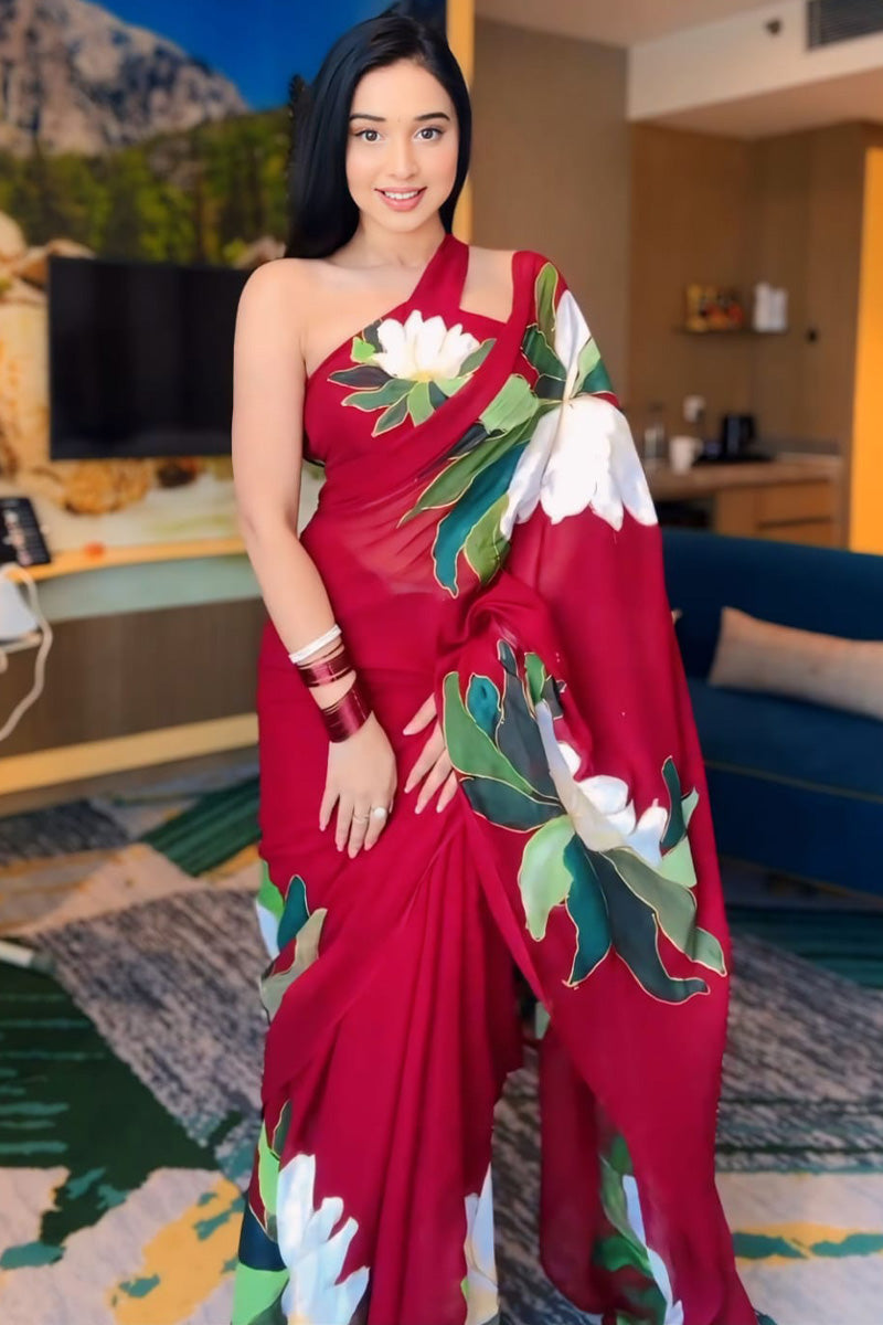 Pleasurable 1-Minute Ready To Wear Red Georgette Saree