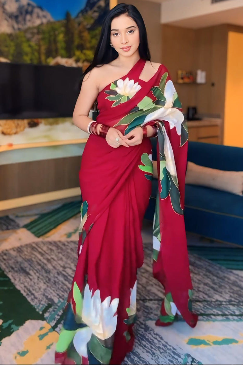 Pleasurable 1-Minute Ready To Wear Red Georgette Saree