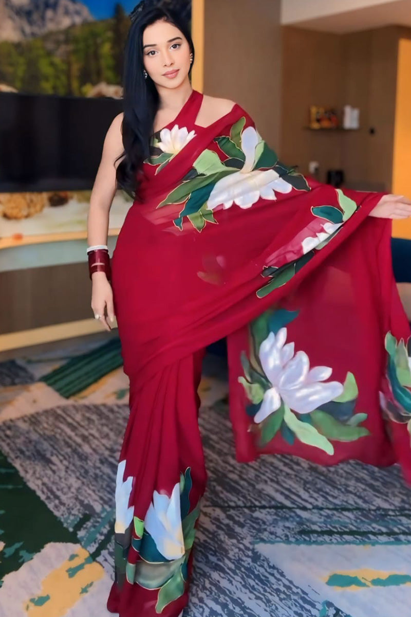 Pleasurable 1-Minute Ready To Wear Red Georgette Saree