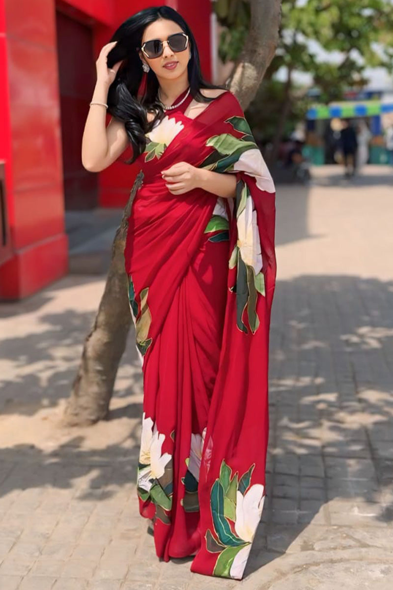 Pleasurable 1-Minute Ready To Wear Red Georgette Saree