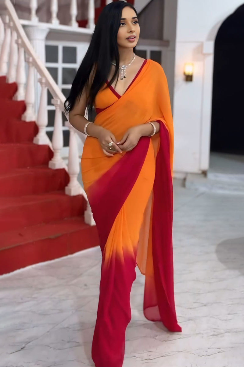 Twirling 1-Minute Ready To Wear Yellow and Red Georgette Saree