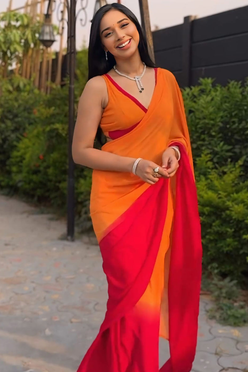 Twirling 1-Minute Ready To Wear Yellow and Red Georgette Saree