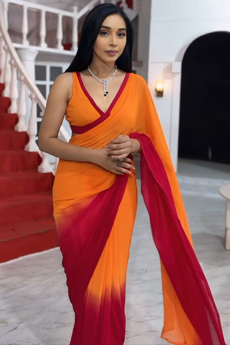 Twirling 1-Minute Ready To Wear Yellow and Red Georgette Saree