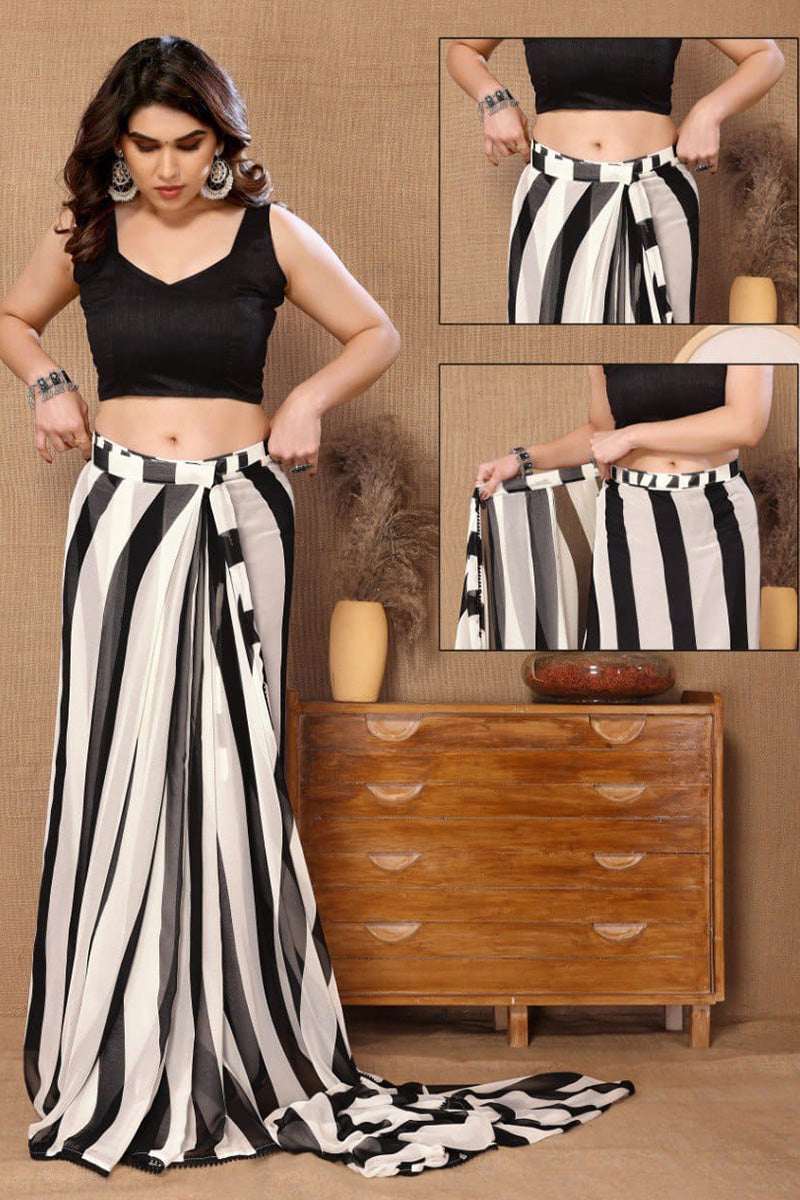 Traditional 1-Minute Ready To Wear White and Black Georgette Saree