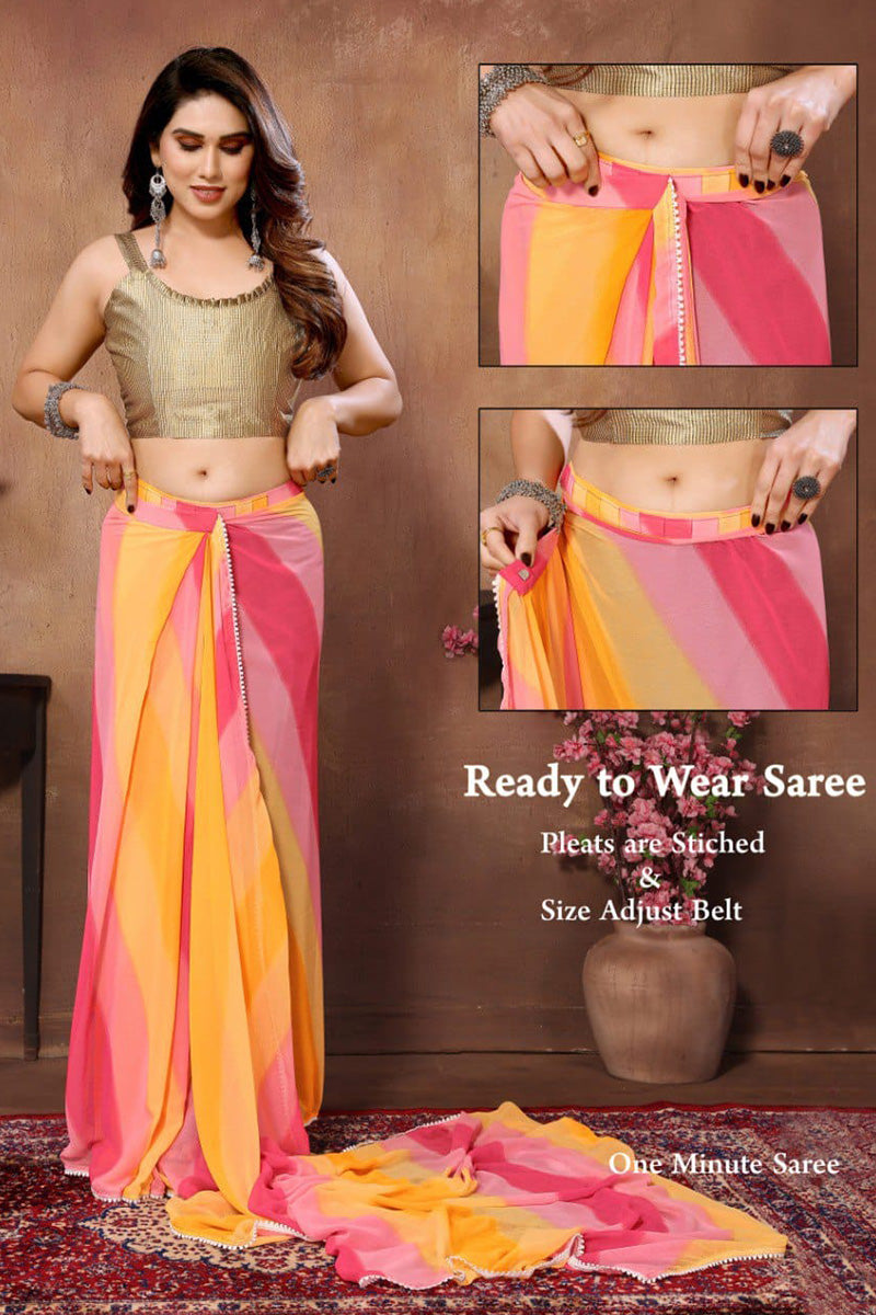 Posh 1-Minute Ready To Wear Yellow and Pink Georgette Saree
