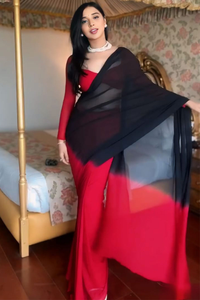 Ethnic 1-Minute Ready To Wear Red and Black Georgette Saree