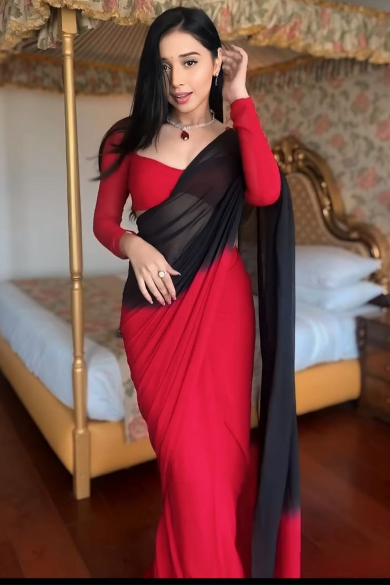 Ethnic 1-Minute Ready To Wear Red and Black Georgette Saree