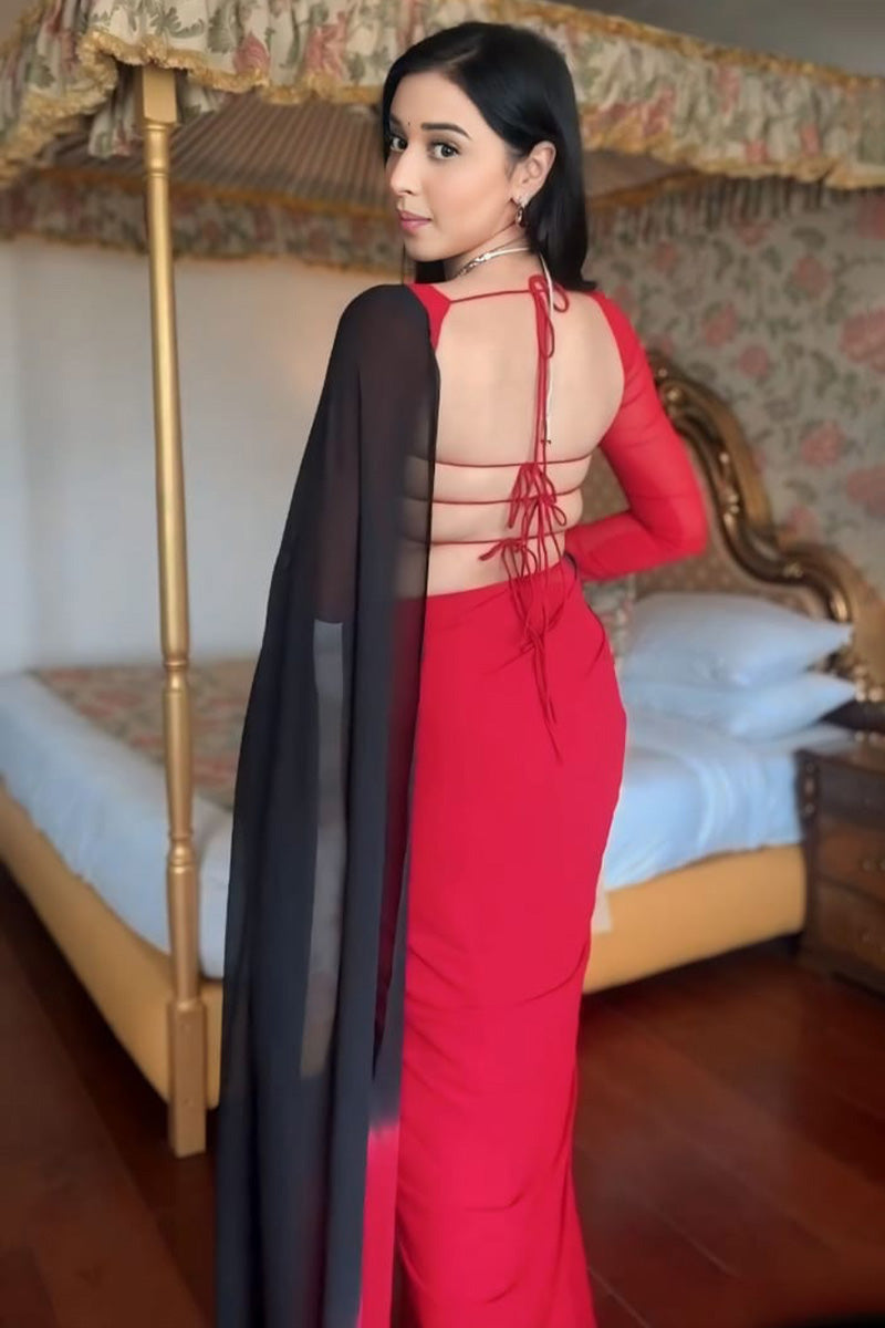 Ethnic 1-Minute Ready To Wear Red and Black Georgette Saree