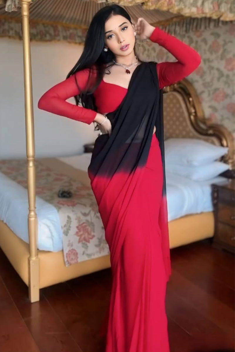 Ethnic 1-Minute Ready To Wear Red and Black Georgette Saree