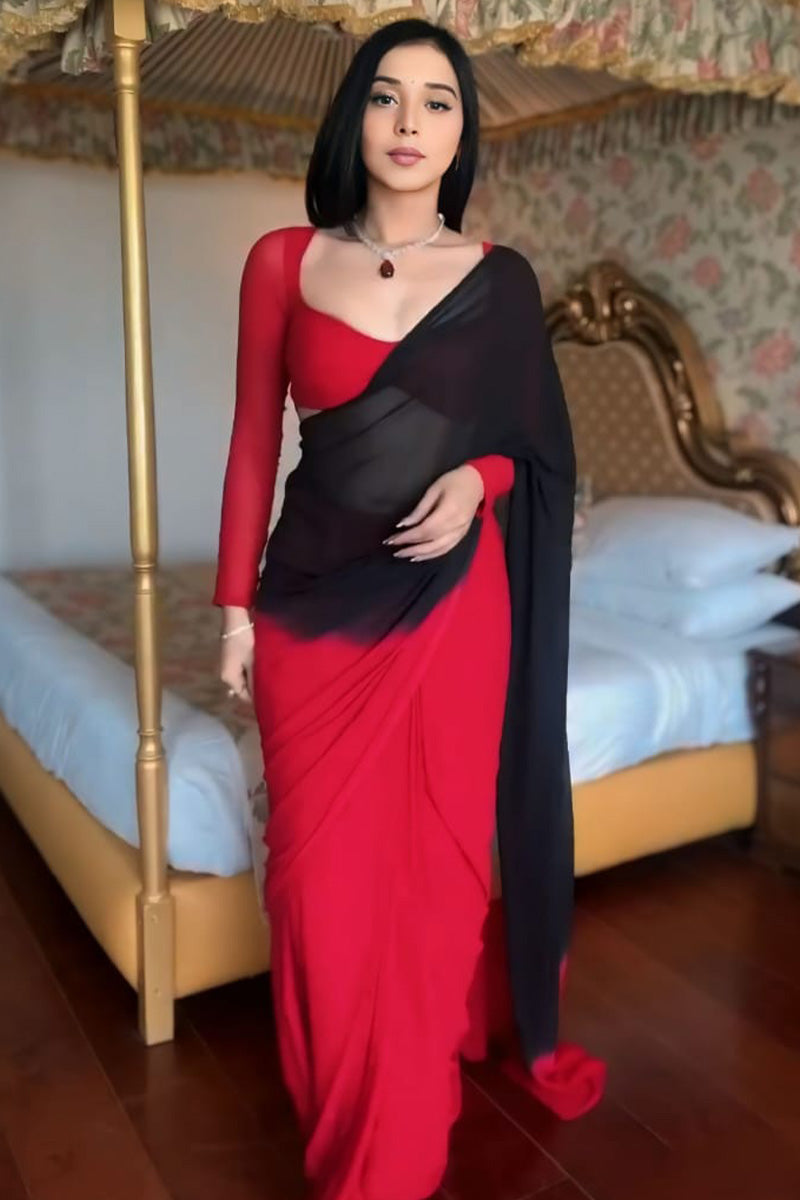 Ethnic 1-Minute Ready To Wear Red and Black Georgette Saree