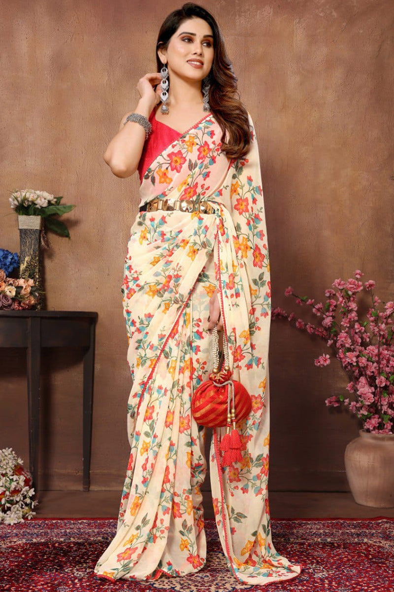 Pleasant 1-Minute Ready To Wear Beige Georgette Saree