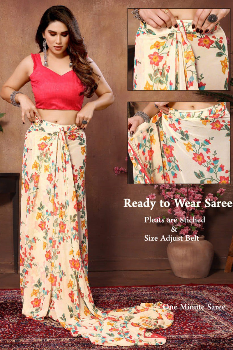 Pleasant 1-Minute Ready To Wear Beige Georgette Saree