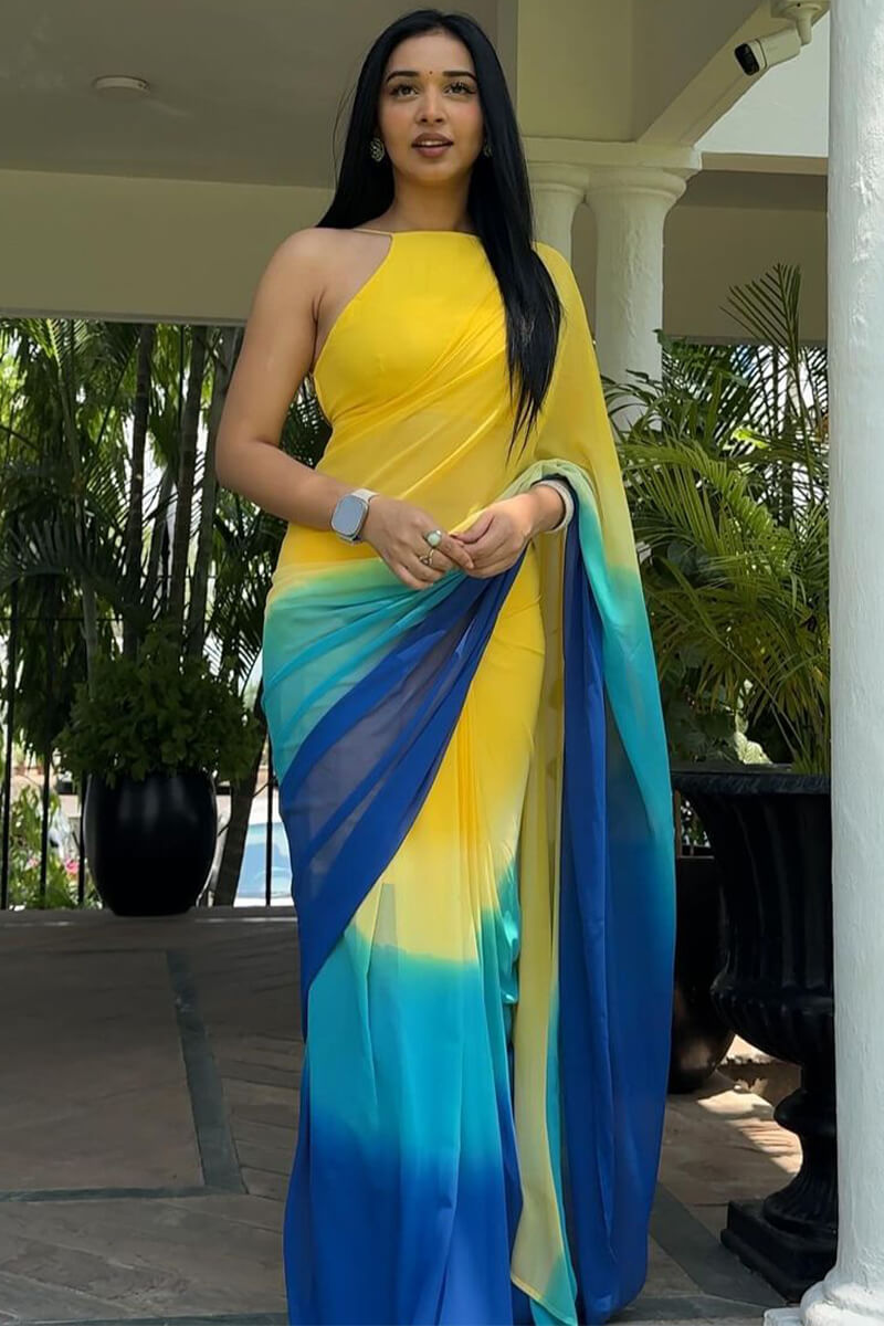 Deserving  1-Minute Ready To Wear Yellow and Blue Georgette Saree