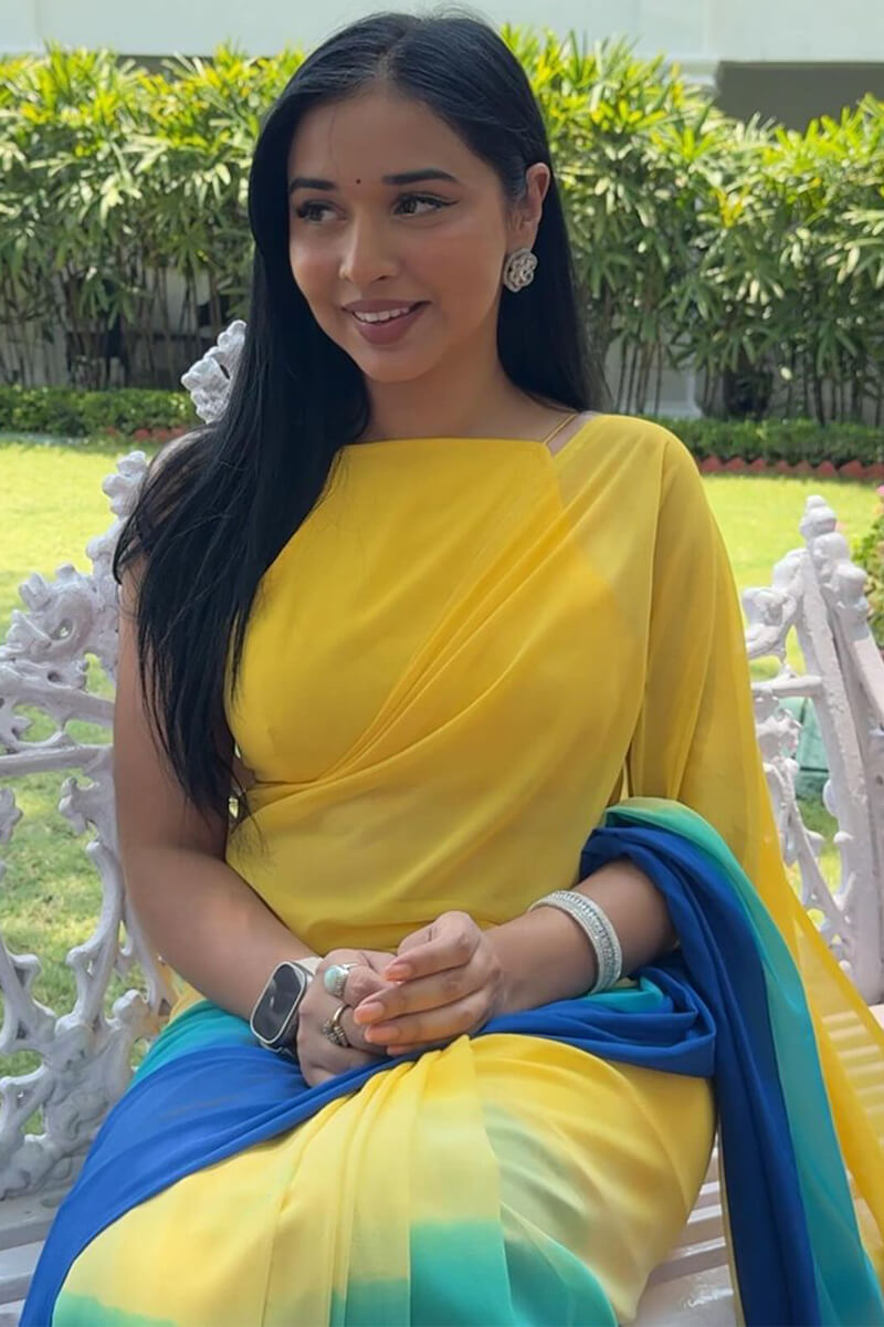 Deserving  1-Minute Ready To Wear Yellow and Blue Georgette Saree