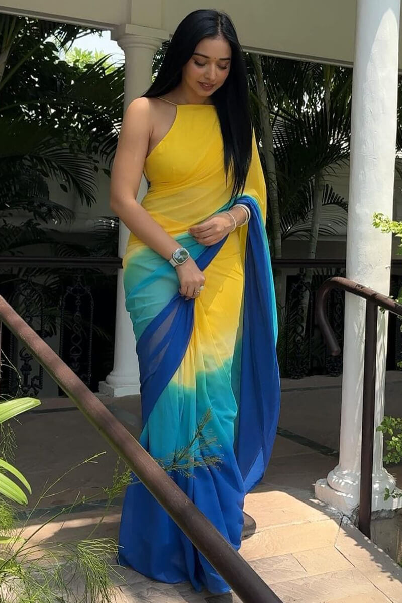 Deserving  1-Minute Ready To Wear Yellow and Blue Georgette Saree