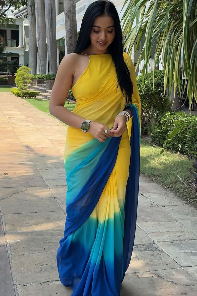 Deserving  1-Minute Ready To Wear Yellow and Blue Georgette Saree
