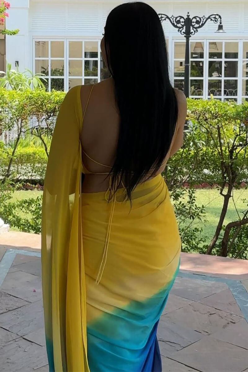 Deserving  1-Minute Ready To Wear Yellow and Blue Georgette Saree