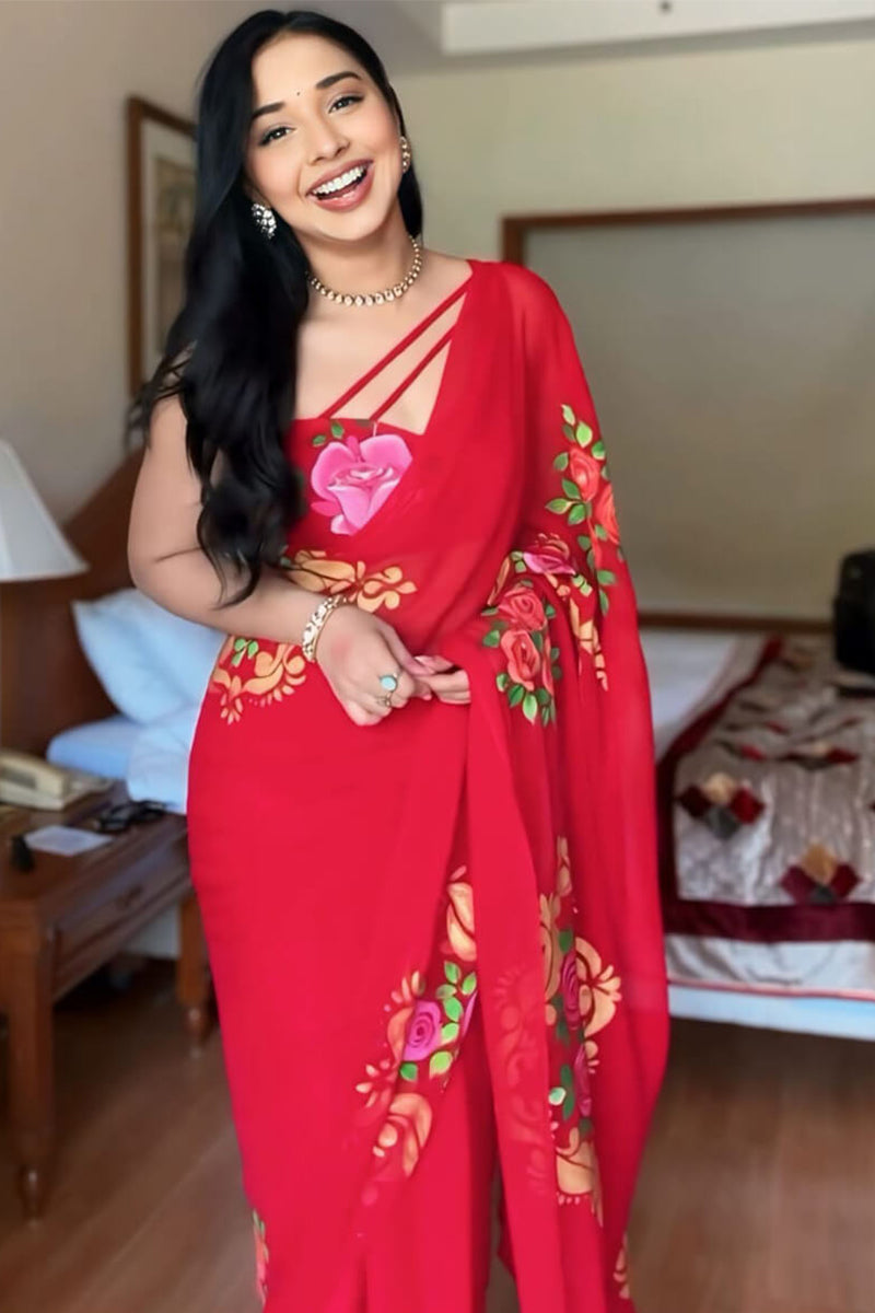 Brood 1-Minute Ready To Wear Red Georgette Saree
