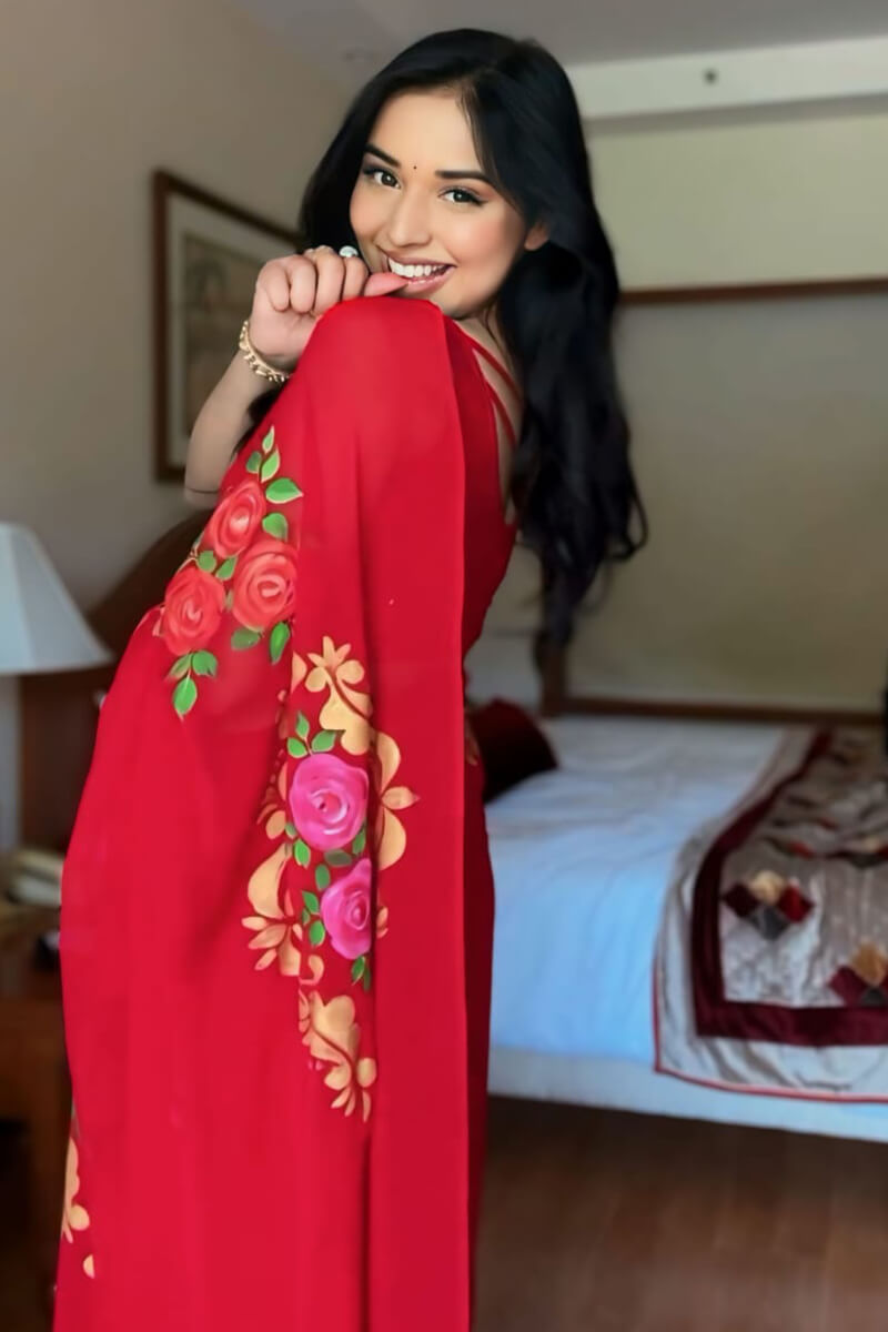 Brood 1-Minute Ready To Wear Red Georgette Saree