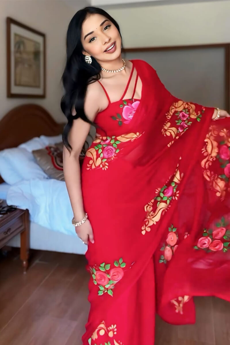 Brood 1-Minute Ready To Wear Red Georgette Saree