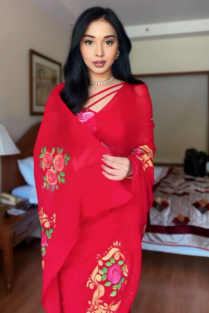 Brood 1-Minute Ready To Wear Red Georgette Saree