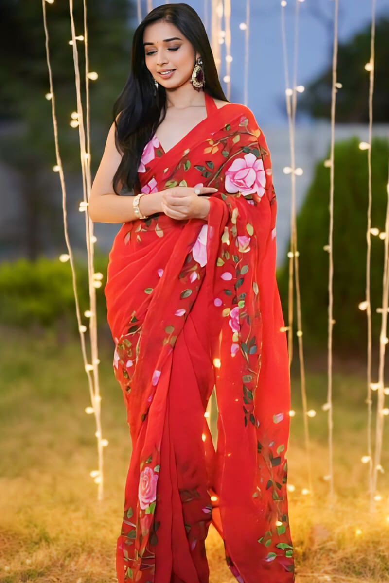Innovative 1-Minute Ready To Wear Red Georgette Saree