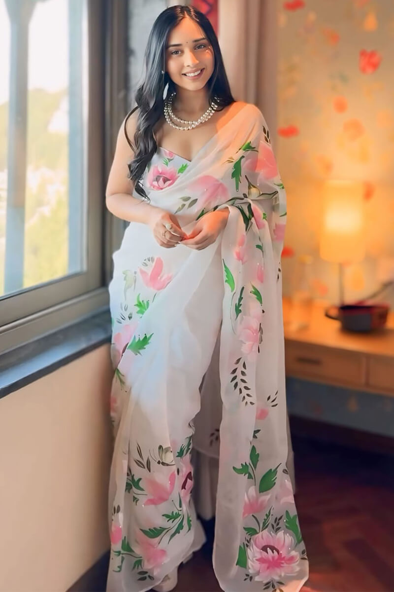 Amazing 1-Minute Ready To Wear Off White Organza Silk Saree