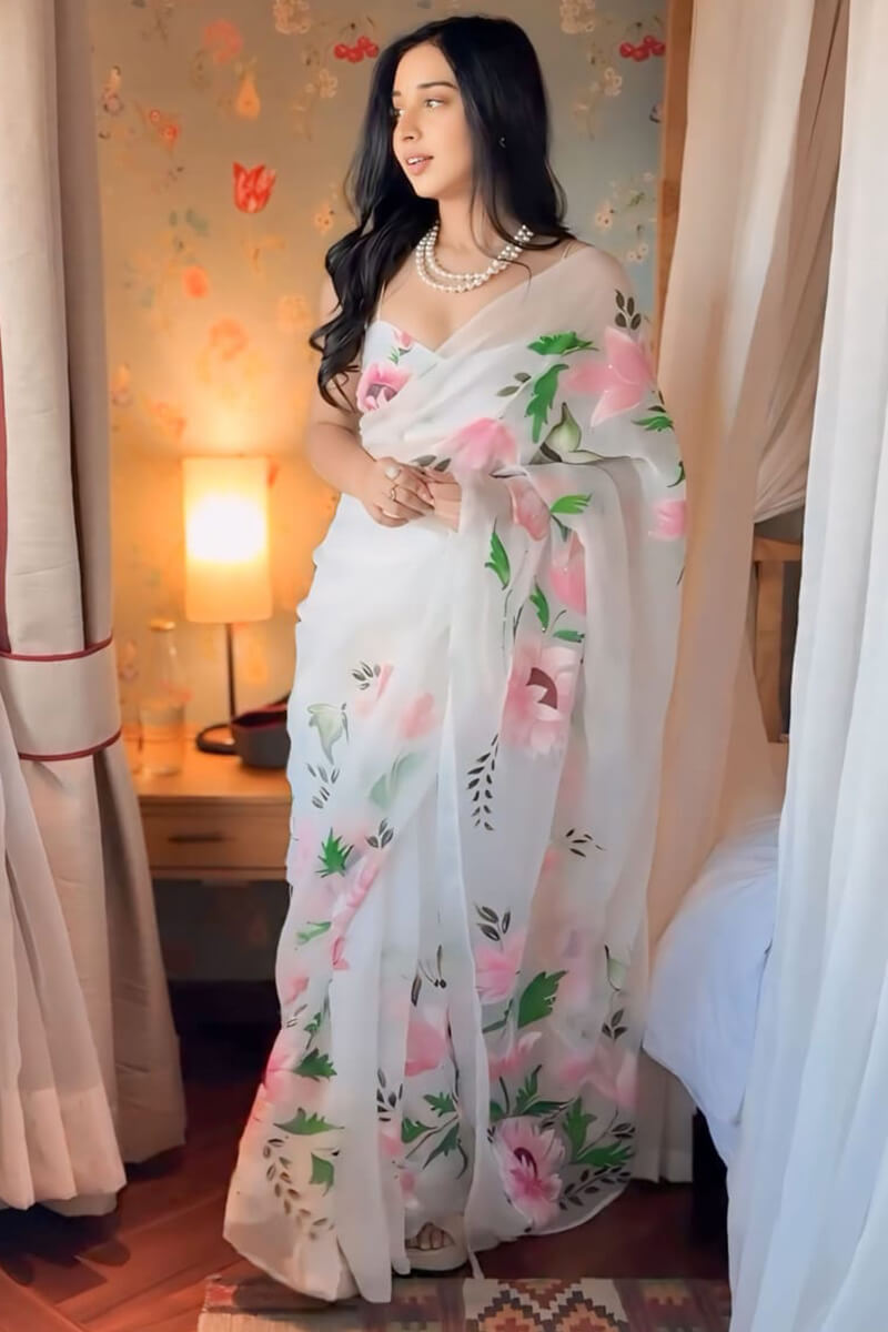 Amazing 1-Minute Ready To Wear Off White Organza Silk Saree