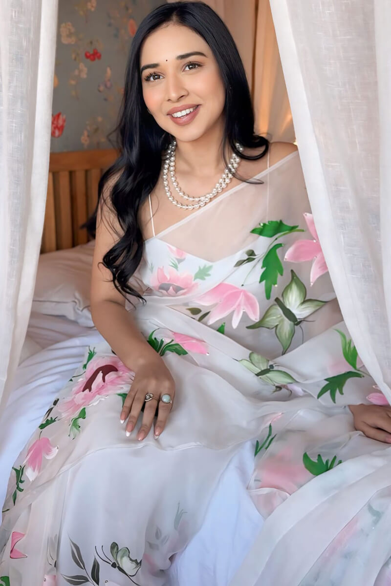 Amazing 1-Minute Ready To Wear Off White Organza Silk Saree