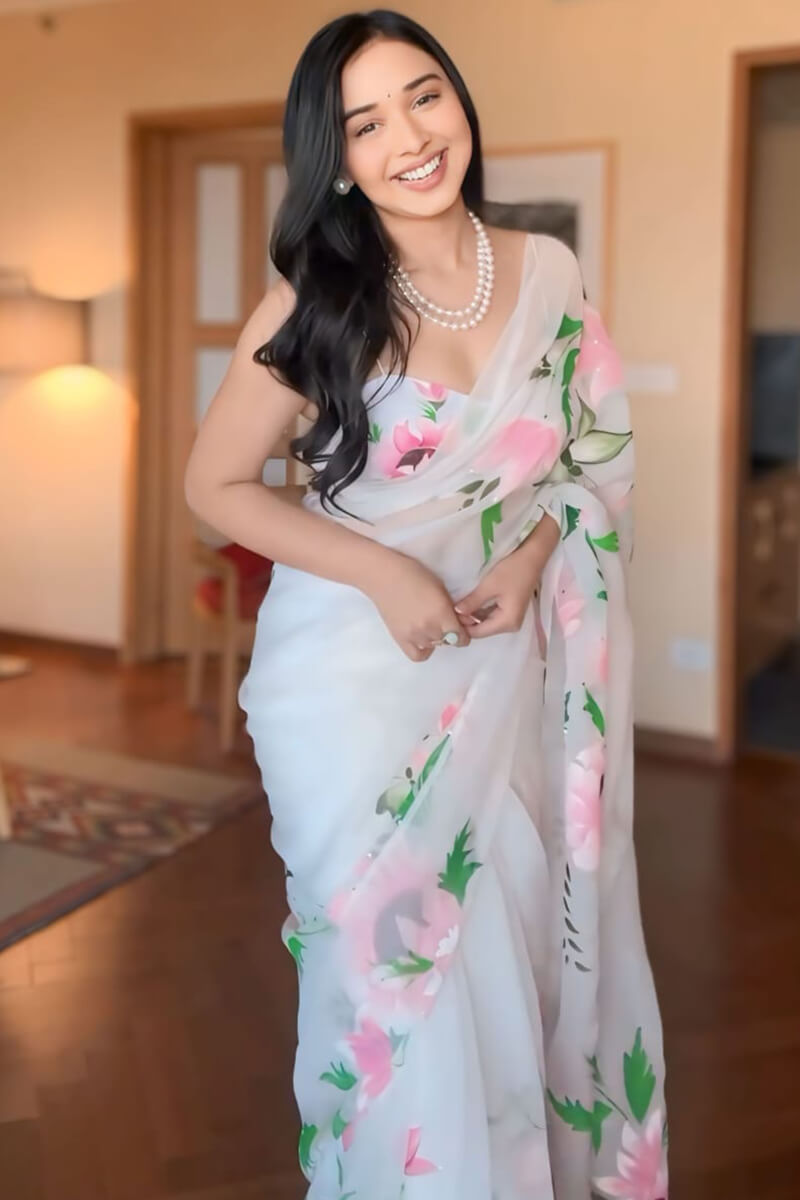 Amazing 1-Minute Ready To Wear Off White Organza Silk Saree